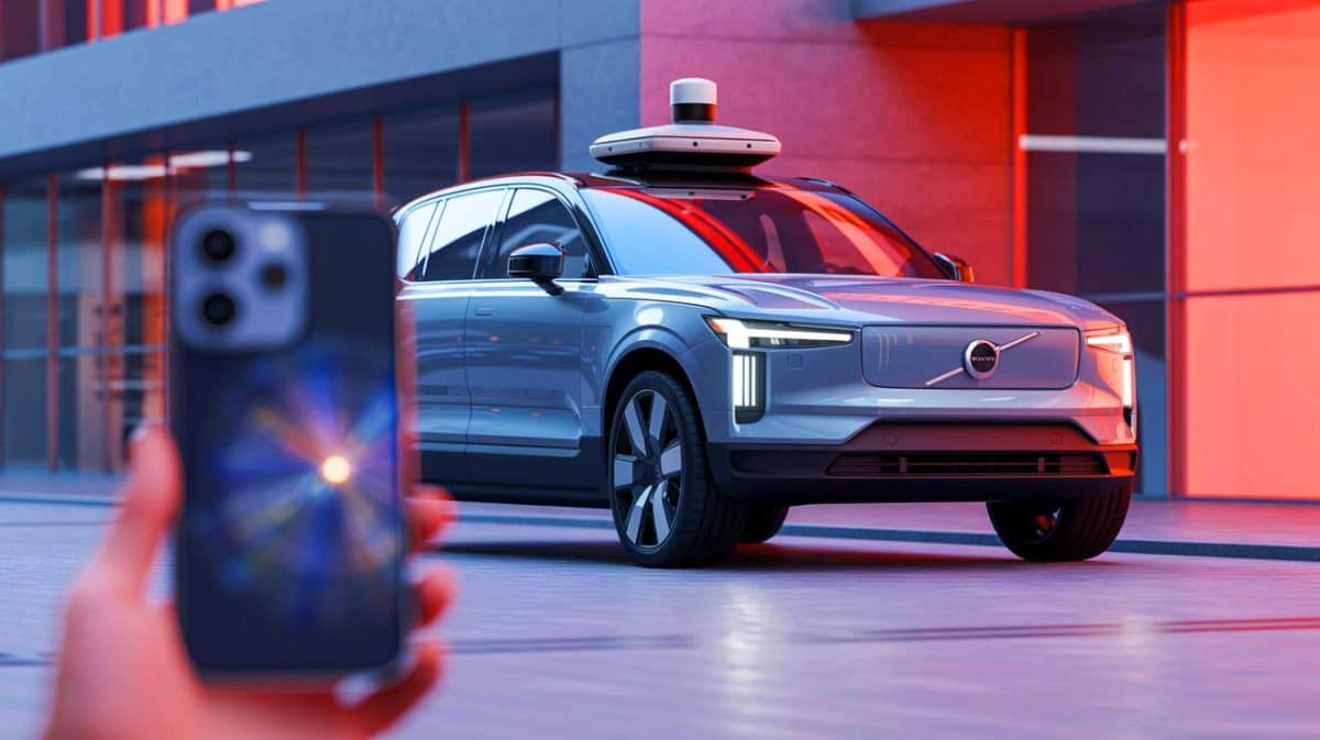 Illustration de la Volvo EX90 équipée de la technologie LiDAR pouvant endommager les smartphones. Image réalisée par IA.