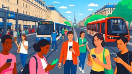 Illustration de la numérisation des transports en Île-de-France avec le passe Navigo Liberté + sur smartphones. Image réalisée par IA.