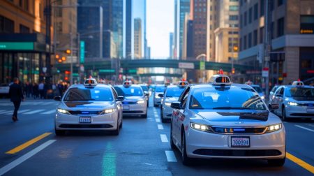 Illustration de taxis autonomes circulant en milieu urbain. Image réalisée par IA.