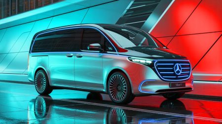 Illustration de vans de luxe électriques Mercedes-Benz Vision V. Image réalisée par IA.