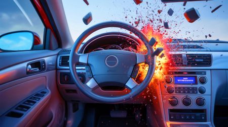 Illustration de la défaillance des airbags Takata. Image réalisée par IA.
