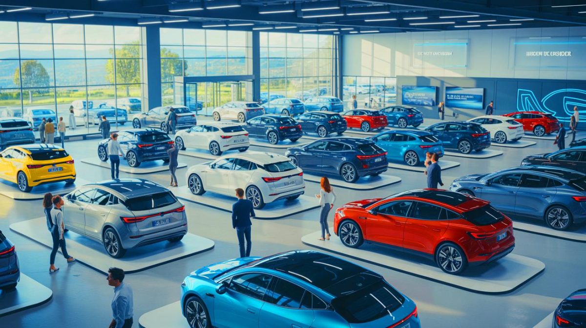 Illustration de voitures électriques accessibles grâce au retour du leasing social, générée par intelligence artificielle.