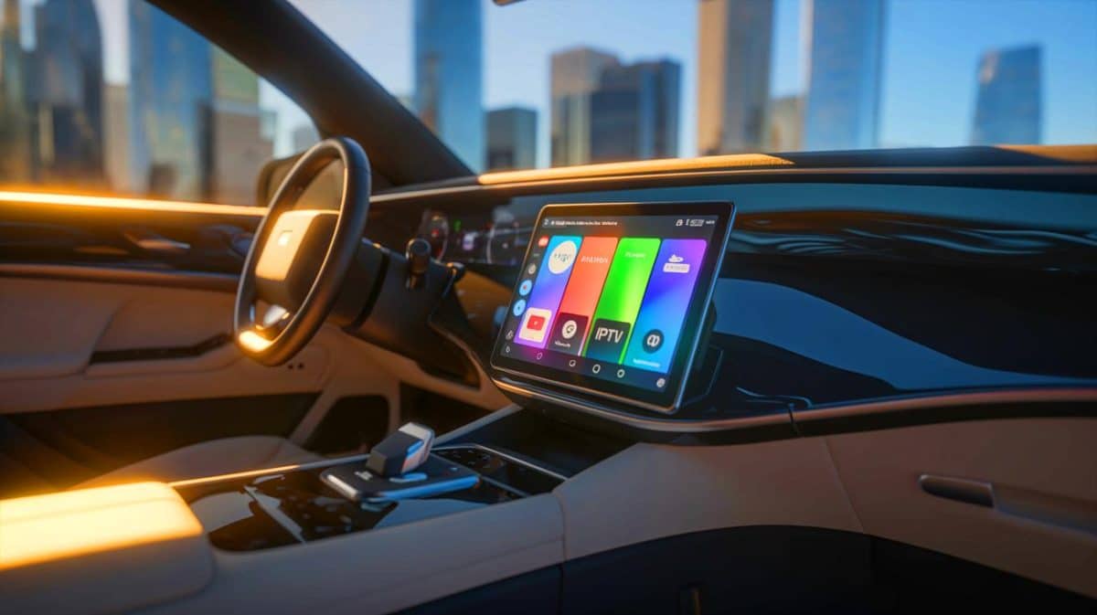 Illustration de l'application Fermata Auto enrichissant l'expérience multimédia des utilisateurs d'Android Auto en voiture.