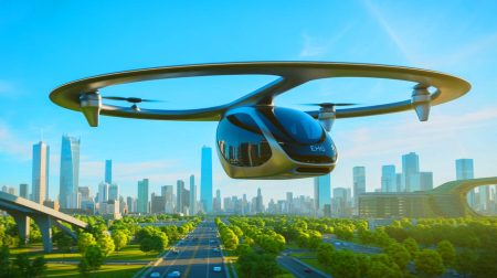 Illustration de l'arrivée des taxis volants autonomes d'EHang transformant la mobilité urbaine.