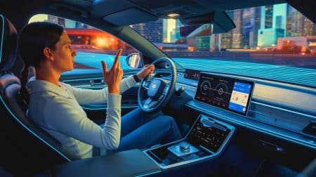 Illustration de la nouvelle fonctionnalité de signalement vocal de Waze en action.