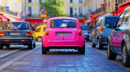 Plaques d’immatriculation roses : un changement qui surprendra les automobilistes français dès 2026 Illustration de nouvelles plaques d'immatriculation roses sur les routes françaises dès 2026.